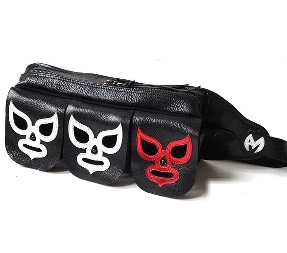 本革 ウエストバッグ ルチャリブレ マスクマン プロレス レザー 3連 ボディバッグ ワンショルダー ブラック