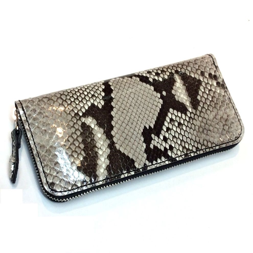 本革 長財布 蛇革 ダイヤモンドパイソン ラウンドジップウォレット ナチュラル/白黒
