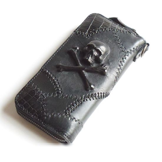 本革 長財布 3D加工 型だしスカル パッチワーク/サドルレザー ラウンドジップ ブラック