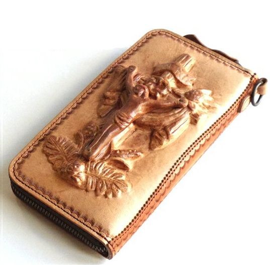 本革 長財布 3D加工 型だしクロス キリスト サドルレザー ラウンドジップ オイル/ナチュラル