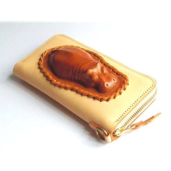 本革 長財布 3D加工 型だしフィギュア加工 カバ　サドルレザー ラウンドジップ オイル/ナチュラル