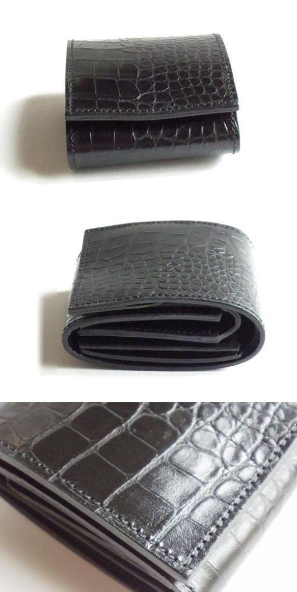 本革 ヌメ革 2つ折り財布 クロコダイル型押し ショートウォレット コンパクト ミニ財布 ブラック 2枚目の画像