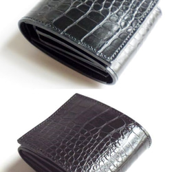 本革 ヌメ革 2つ折り財布 クロコダイル型押し ショートウォレット コンパクト ミニ財布 ブラック 4枚目の画像