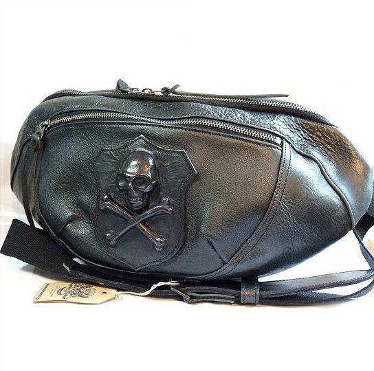 本革 ボディバッグ 3D立体加工 スカル＆クロスボーン ヴィンテージレザー×帆布 ワンショルダー ブラック