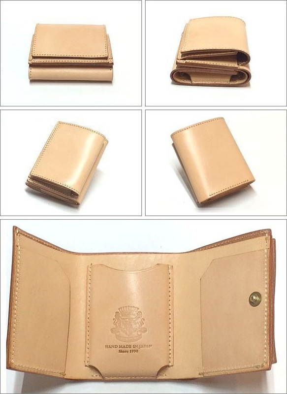 ステッチカラー変更可 本革 ミニ財布 コンパクト財布 サドルレザー 3つ折り財布 ナチュラル 002 2枚目の画像