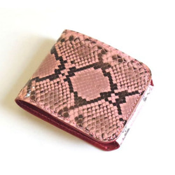 本革 蛇革 ダイヤモンドパイソン ミニ財布 コンパクト財布 2つ折り財布 ピンク×レッド 1枚目の画像