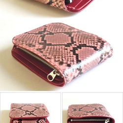 本革 蛇革 ダイヤモンドパイソン ミニ財布 コンパクト財布 2つ折り財布 ピンク×レッド 3枚目の画像