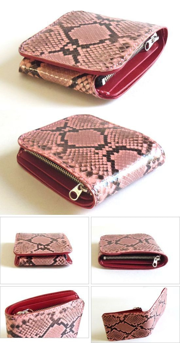 本革 蛇革 ダイヤモンドパイソン ミニ財布 コンパクト財布 2つ折り財布 ピンク×レッド 3枚目の画像