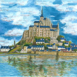 モンサンミシェル　 水彩画作家　B. Stelling 金色フレーム モンサンミシェル 水彩画作家 B. Stelling 金色フレーム