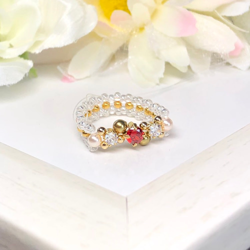 ジルコニアとスワロフスキーパールのリング〜ガーネット〜【カラー