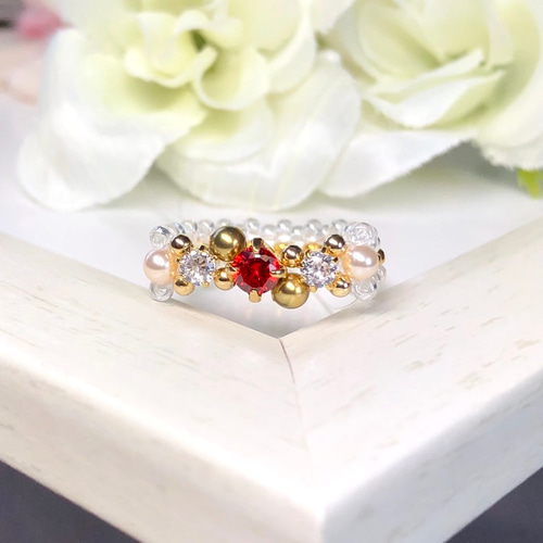 ジルコニアとスワロフスキーパールのリング〜ガーネット〜【カラー
