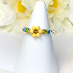 フラワービーズリング〜ひまわり 夏空〜【スワロフスキーとチェコ