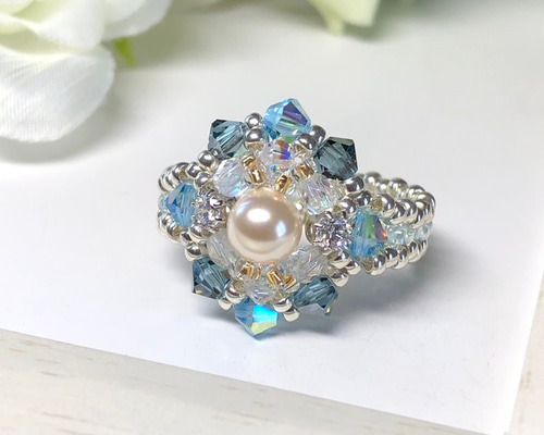 再販》マーメイドの指輪〜Ocean Blue〜【スワロフスキーパールと