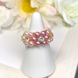 きなこ姫　e.m ジルコニア ＆パール　2つのモチーフ　リング　美品 小花のリング〜桜色 クリスタルパール〜【スワロフスキー パール
