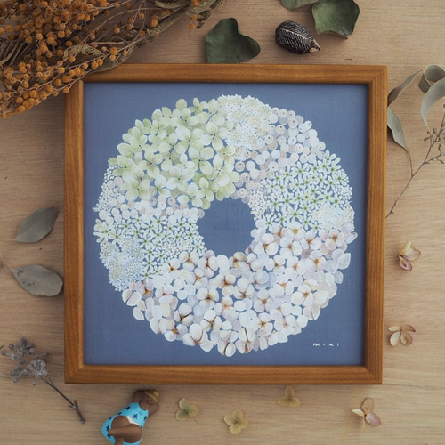 アジサイ ナンキンハゼ 白い実のリース イラスト ポスター 春色