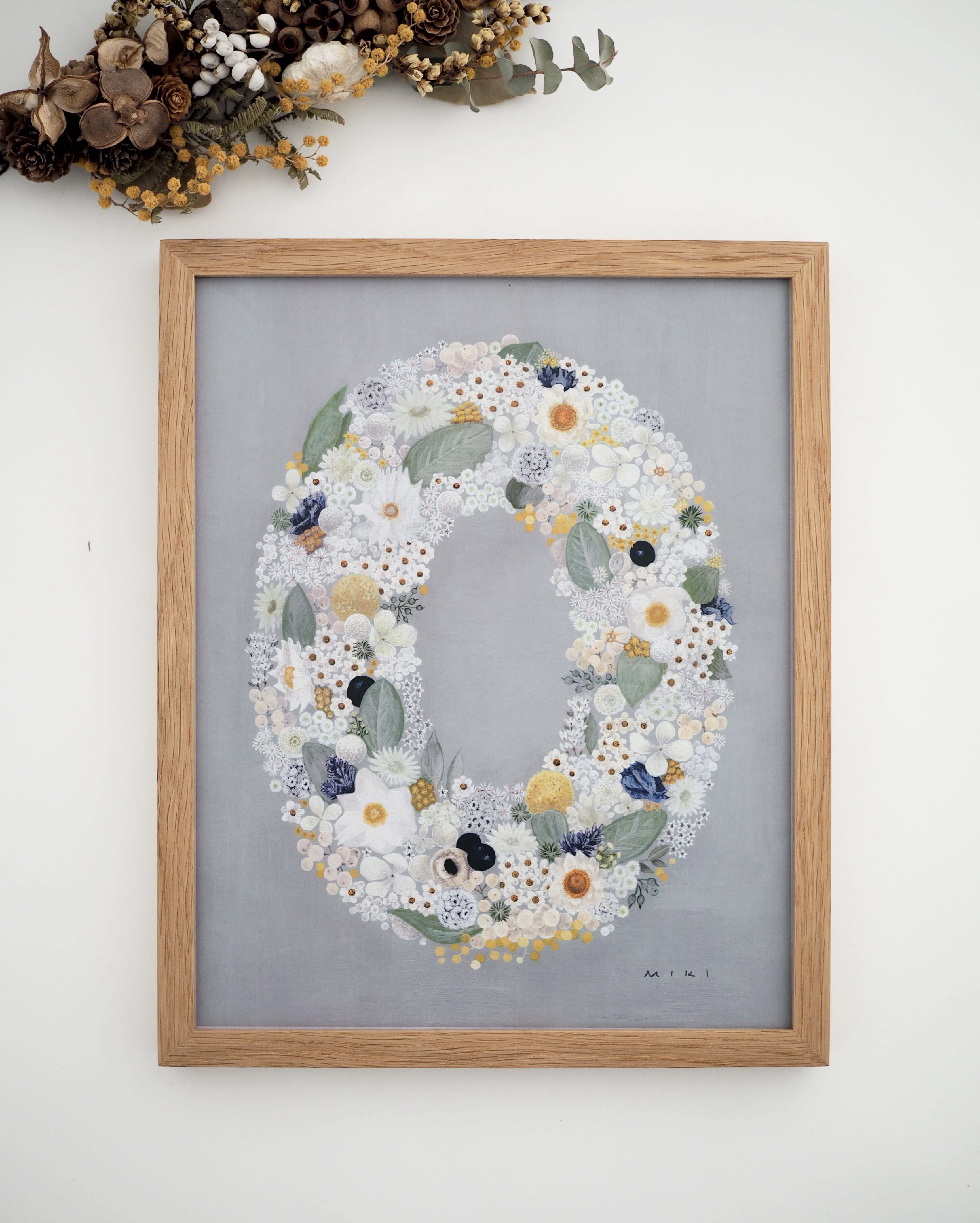オーバル リース イラスト ポスター「Nostalgic daisy」グレー