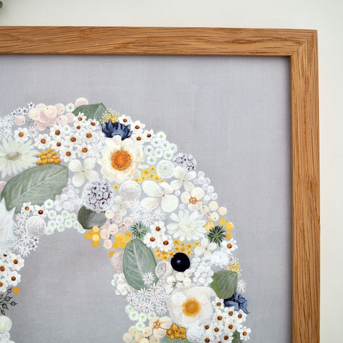 オーバル リース イラスト ポスター「Nostalgic daisy」グレー