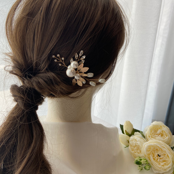 【再販×34】結婚式やお呼ばれに 小枝アクセサリー コットンパール ヘアピン 6枚目の画像