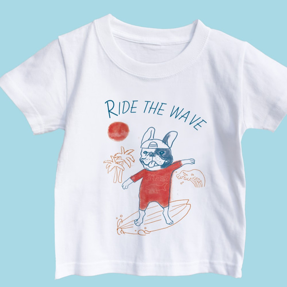 KID'Sサイズ　サーフィンTシャツ　フレンチブルドッグ　旅行　お出かけ T　海　リラックス　親子コーデ　リンクコーデ 3枚目の画像