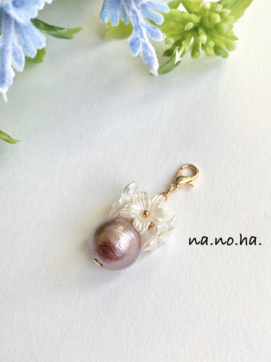 再販3▶︎パープルコットンパール×フラワー マスクチャーム /マスク 