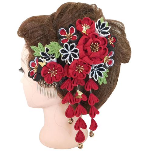 つまみ細工 髪飾り 赤 黒 緑 和婚 引振袖 成人式 振袖 卒業式 袴