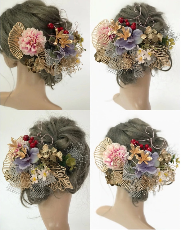 髪飾り ヘッドドレス 結婚式 成人式 卒業式 かすみ草 紫陽花 アンティークピンク f210501k4 2枚目の画像