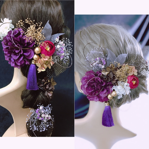 髪飾り・ヘッドドレス・結婚式・成人式・卒業式・プリザーブドフラワー・かすみ草・紫