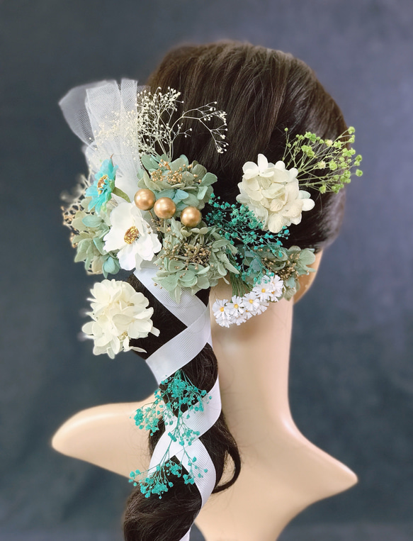 髪飾り　結婚式 成人式 卒業式 造花 かすみ草 緑　金　白　レース　紐　パーツ追加可能　秋色 3枚目の画像