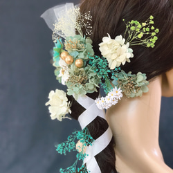 髪飾り　結婚式 成人式 卒業式 造花 かすみ草 緑　金　白　レース　紐　パーツ追加可能　秋色 4枚目の画像