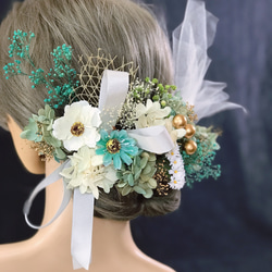 髪飾り　結婚式 成人式 卒業式 造花 かすみ草 緑　金　白　レース　紐　パーツ追加可能　秋色 5枚目の画像