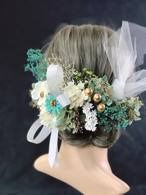 髪飾り　結婚式 成人式 卒業式 造花 かすみ草 緑　金　白　レース　紐　パーツ追加可能　秋色 6枚目の画像