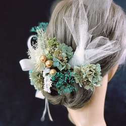 髪飾り　結婚式 成人式 卒業式 造花 かすみ草 緑　金　白　レース　紐　パーツ追加可能　秋色 7枚目の画像