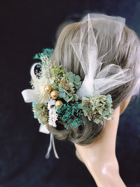 髪飾り　結婚式 成人式 卒業式 造花 かすみ草 緑　金　白　レース　紐　パーツ追加可能　秋色 7枚目の画像