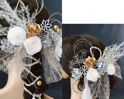 No.452 豪華！白黒金銀　♡ ヘッドドレス 髪飾り 結婚式 振袖髪飾り tata8_tata80055