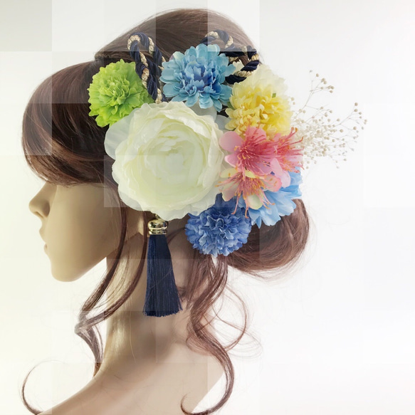 【F1705HE63】青♡ヘッドドレス/髪飾り♡・結婚式・パーディー・和婚・成人式・卒業式 2枚目の画像