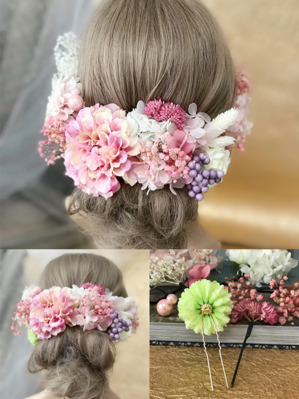 新作【F1806V5】ピンク♡ヘッドドレス♡髪飾り♡・結婚式・パーディー・プリザーブドフラワー 3枚目の画像