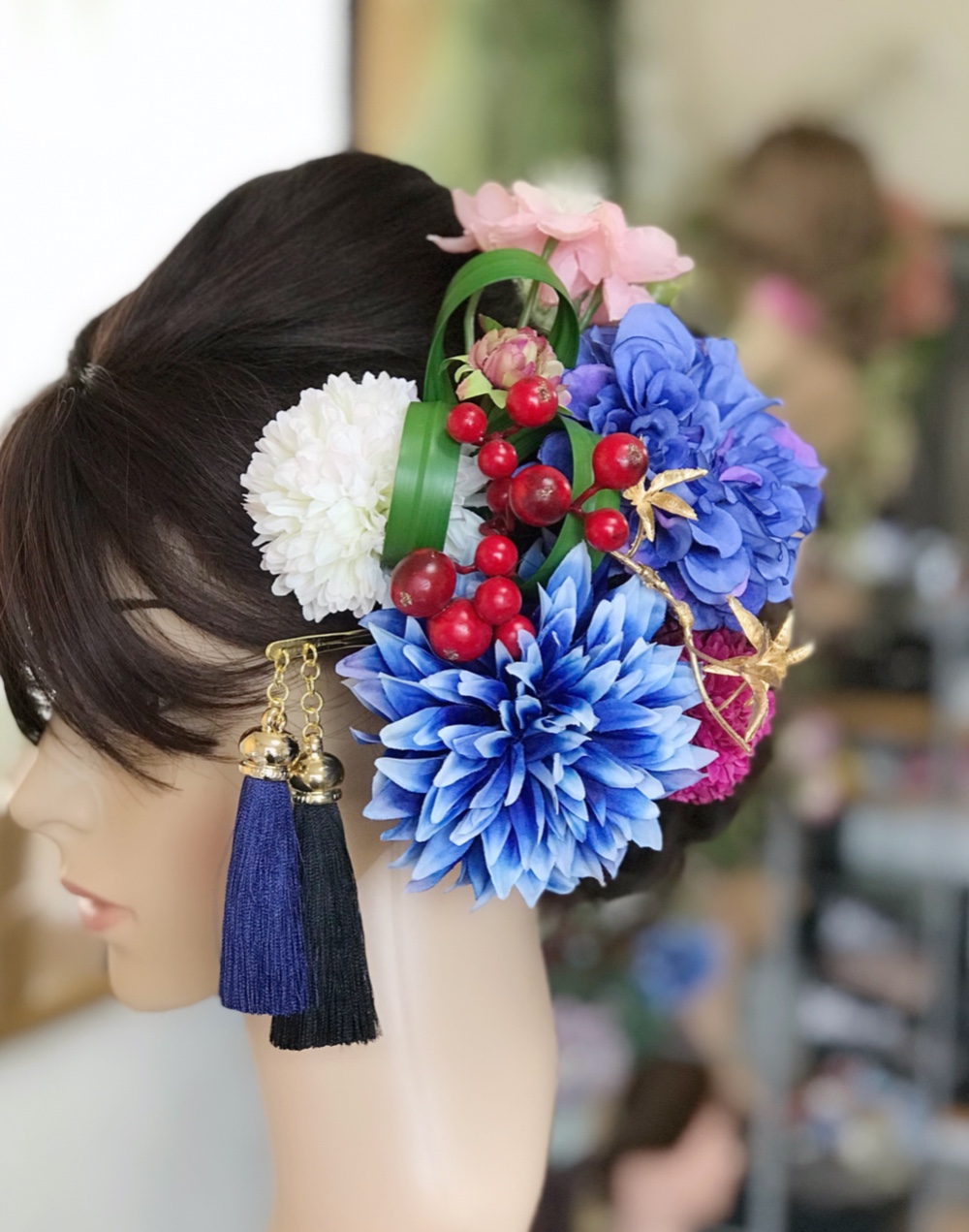 ①点限り★ネイビー×キラキラくすみブルー★結婚式 成人式 和装 髪飾り セット ①点限り☆ネイビー×キラキラくすみブルー☆結婚式 成人式 和装