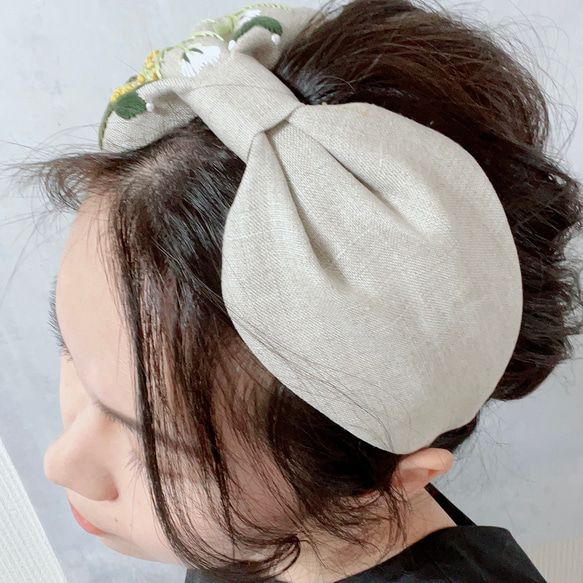 【特集掲載】「ミモザ刺繍Wide」カチューシャ/ヘアバンド　100%リネン生地 【受注製作】 10枚目の画像