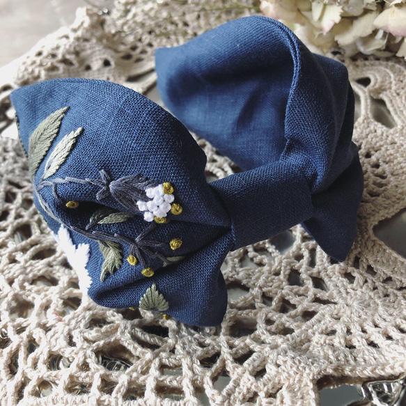 「Royal Blue」お花刺繍 リネン ヘアバンド/カチューシャ 【受注販売】 7枚目の画像