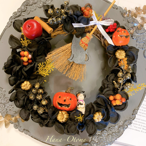 新色新柄2022 ハロウィンリース ジャックオーランタンと猫さんの