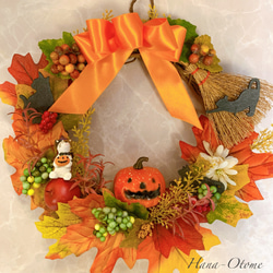 新色新柄2022 ハロウィンリース ジャックオーランタンと猫さんの