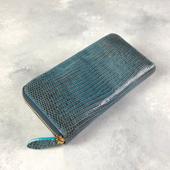 一点限定！】リザード 本革 長財布 メンズ レディース 青 ブルー 牛革  