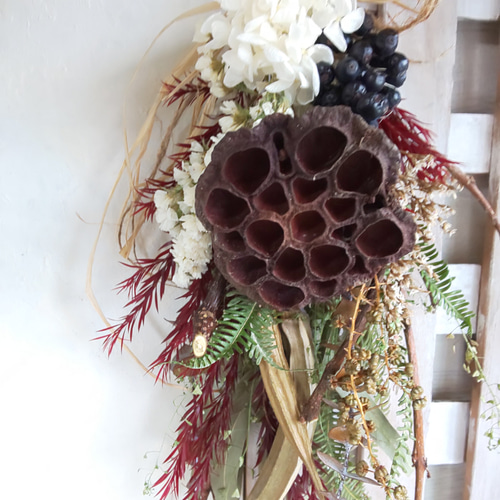 オクラ&ハスの実 ドライフラワースワッグ スワッグ fu.wa.ran