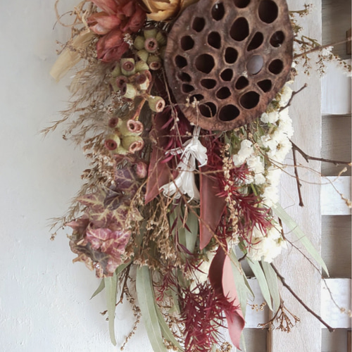 パームフラワー&ハスの実 ドライフラワースワッグ ドライフラワー fu