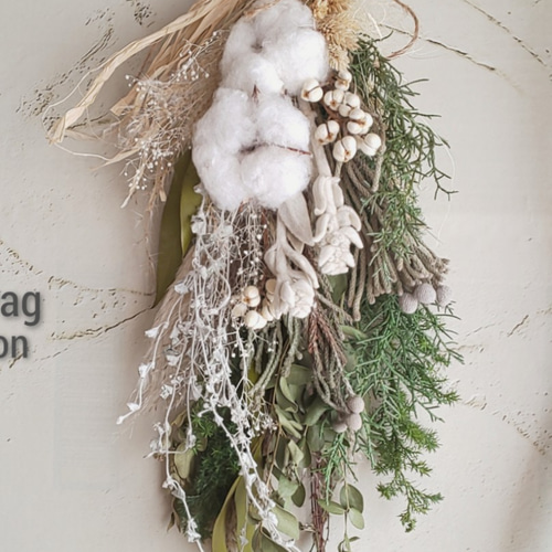 winter swagコットン&シルバーブルニア ドライフラワースワッグ