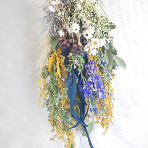 ミモザ&デルフィニウム ドライフラワースワッグ ドライフラワー fu.wa