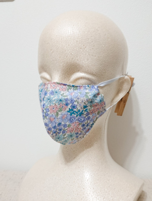 フィルターポケット付きマスク　小花柄　ブルー系 1枚目の画像