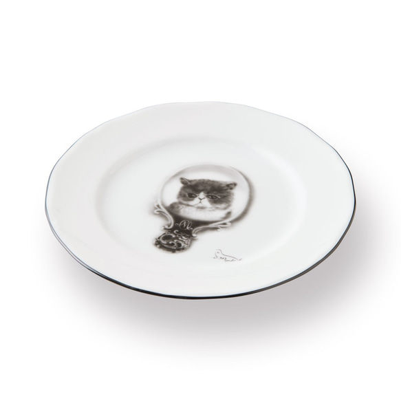 パン皿 16ｃｍ ブラックエッジ「鏡の中の猫」 2枚目の画像