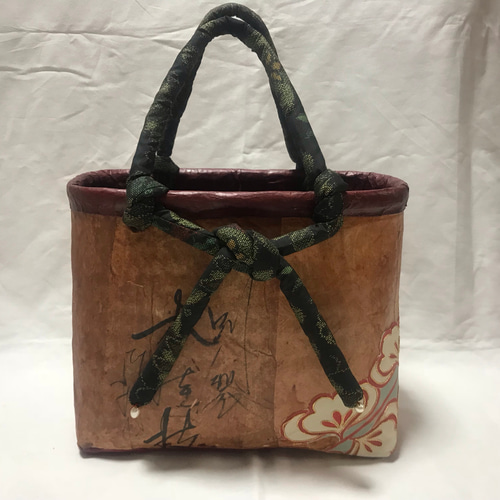 一閑張りバッグ 花鳥風月 柿渋 着物 竹籠 ハンドメイド 一閑張