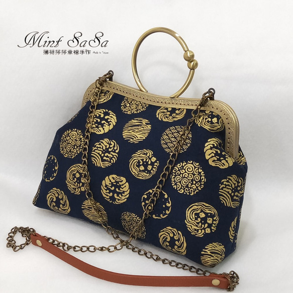 MintSaSa *和風リングゴールドバッグ和風トーテム花布厚裏地綿バッグハンドバッグサイドバッグ収納袋布用手縫い 2枚目の画像